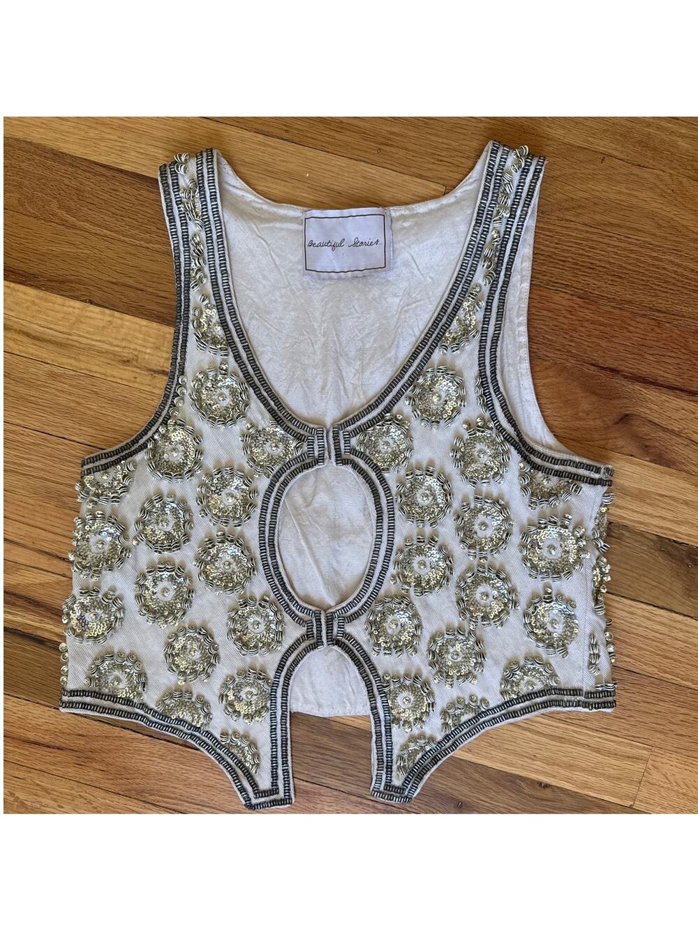 Anthropologie Beautiful Stories Beaded Tank Top in Gold and Silver XS XSmall